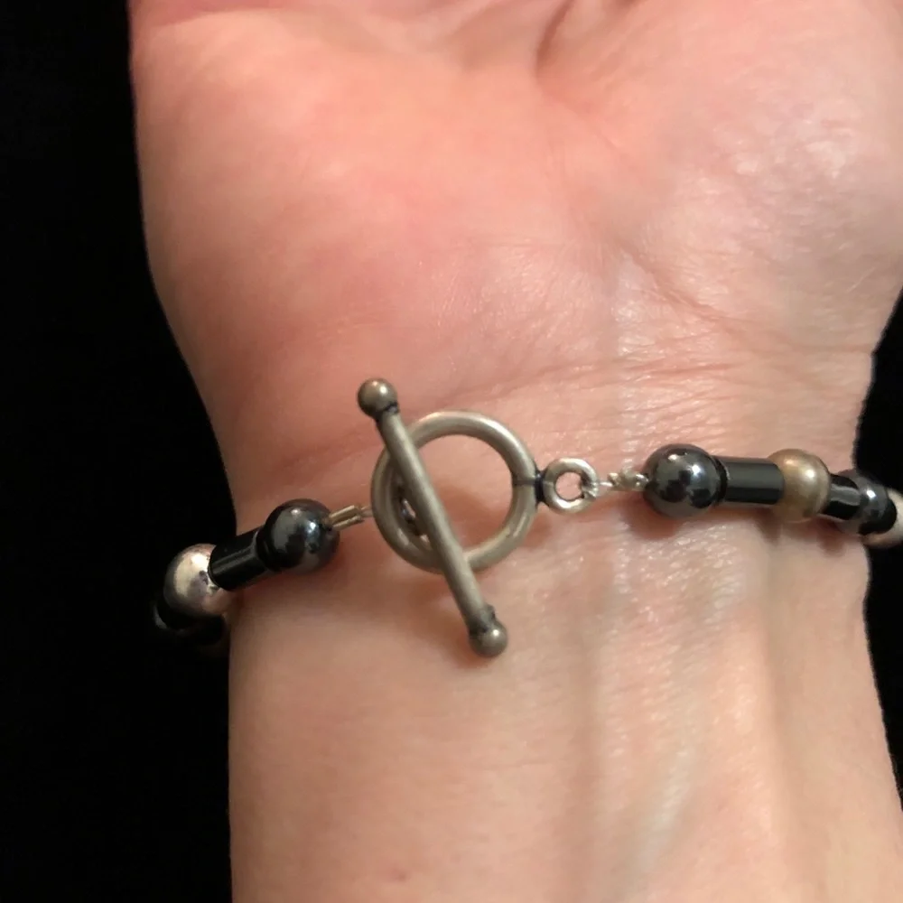 Vintage Hematite and Silver Tone Beaded Bracelet